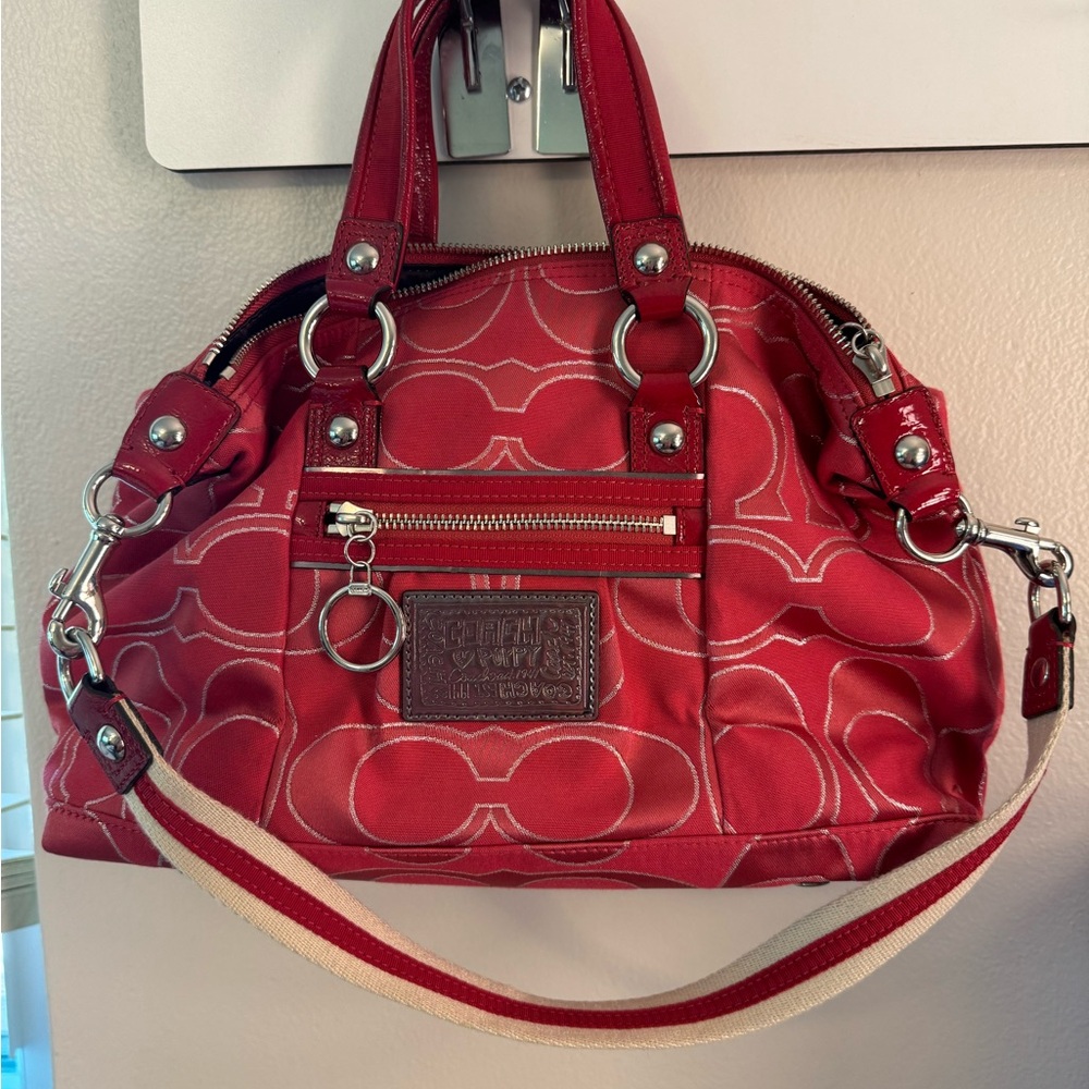 Coach Red and White Signature Satchel